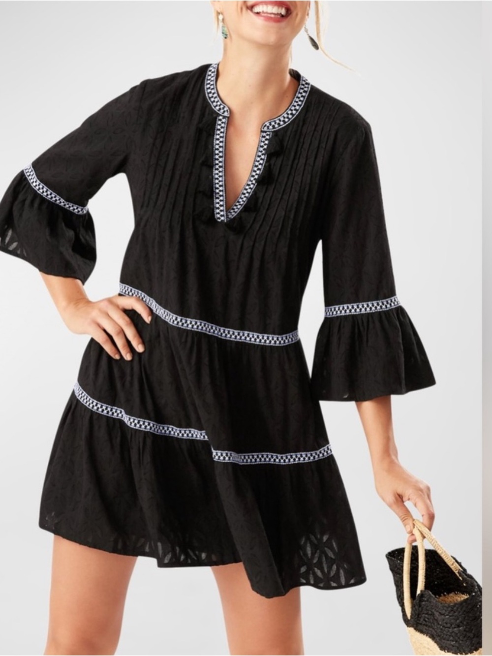 Tommy Bahama Embroidered Tassel V-Neck 100% Cotton Tunic Dress L $148